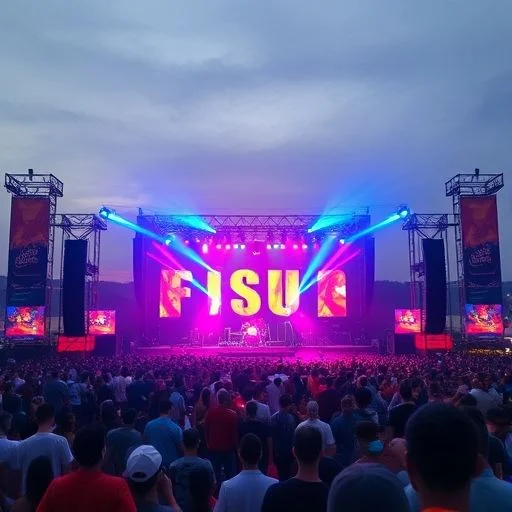 Intricate glowing 3D sound waves visualization, representing the festival's unique sonic experience.